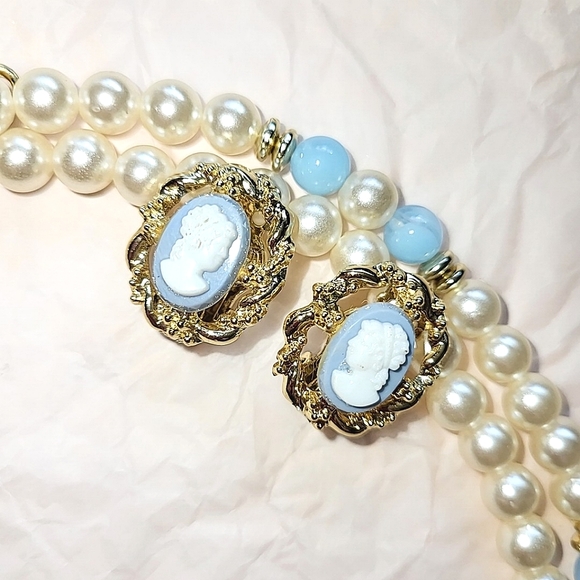 Jewelry - BLUE & WHITE CAMEO EARRINGS with 30" NECKLACE